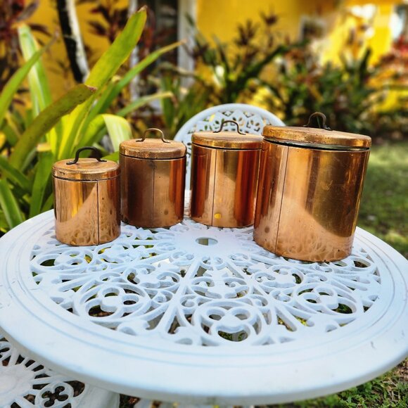 Vintage Copper Kitchen Canister Set Flour Sugar Coffee Tea Rustic Farmhouse - Picture 5 of 11